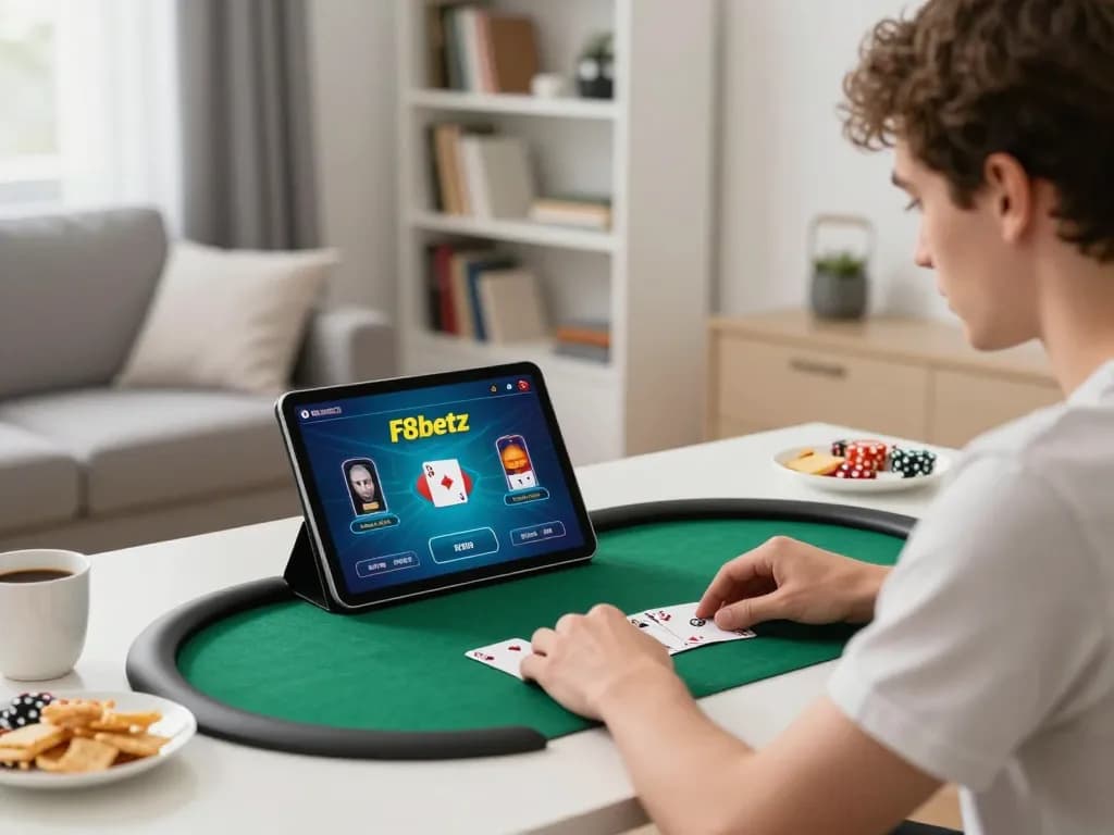 Player enjoys a thrilling poker game on f8betz app at home, showcasing digital gambling excitement.