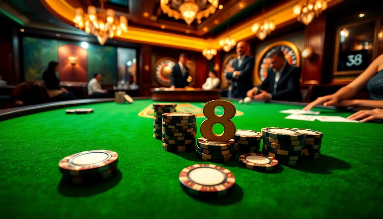 Experience the thrill of S8 poker at a luxurious casino table with chips and cards.