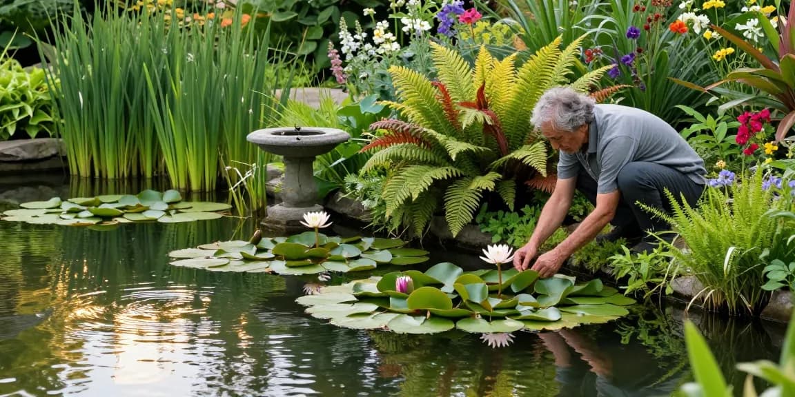 Pond Plants arranged beautifully in a tranquil garden pond, showcasing vibrant water lilies and lush greenery surrounding the water.
