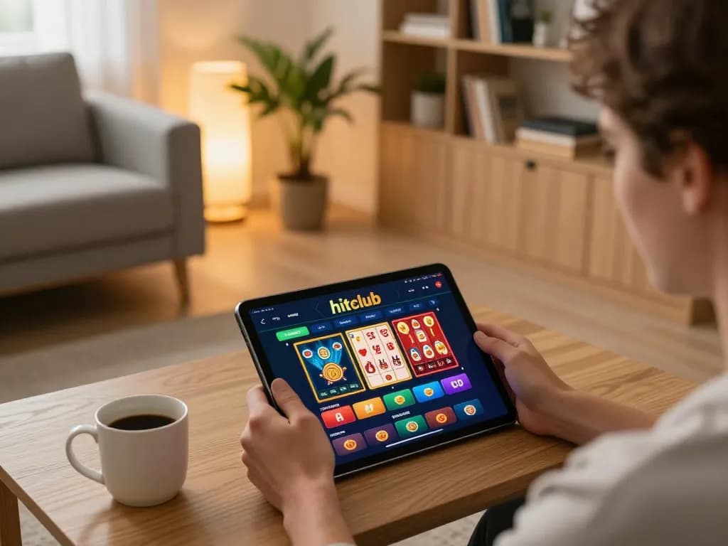 Person gaming on hitclub tablet at cozy home setting, showcasing relaxing online gambling experience