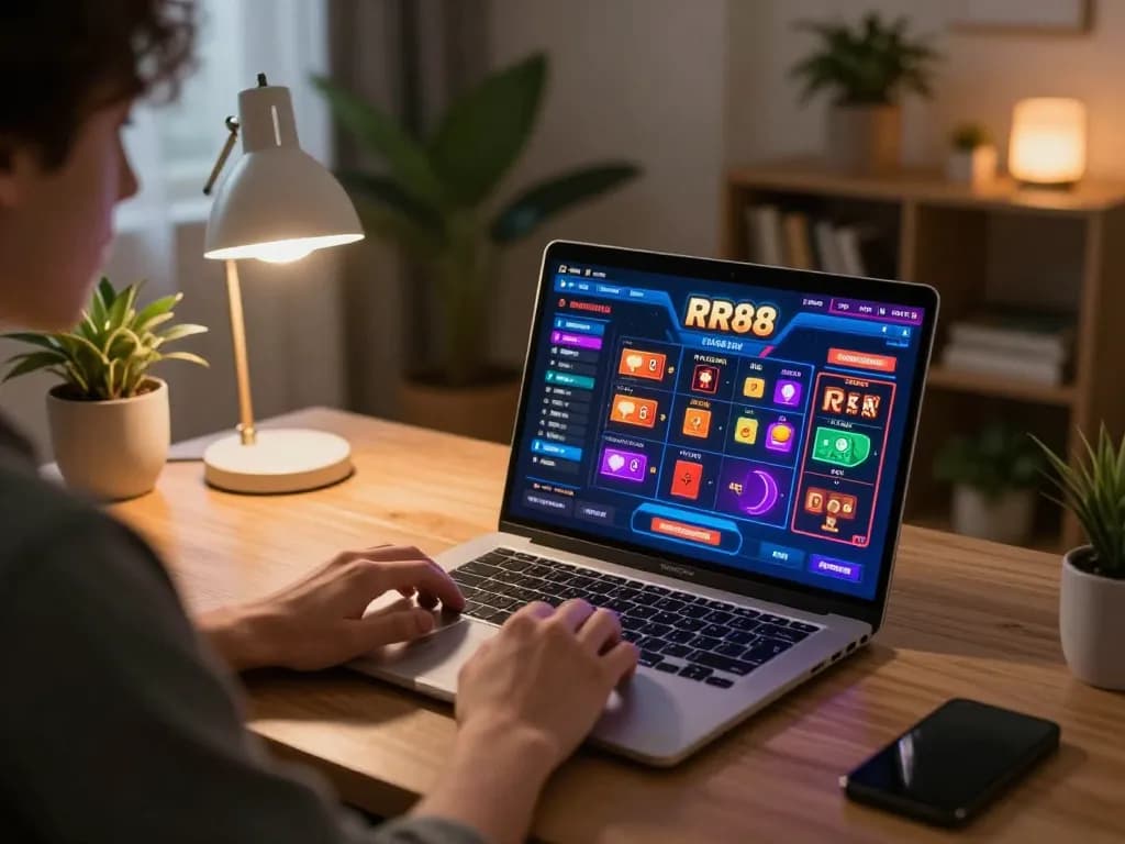 Engaging online gambling with RR88 interface at home desk, inviting atmosphere.