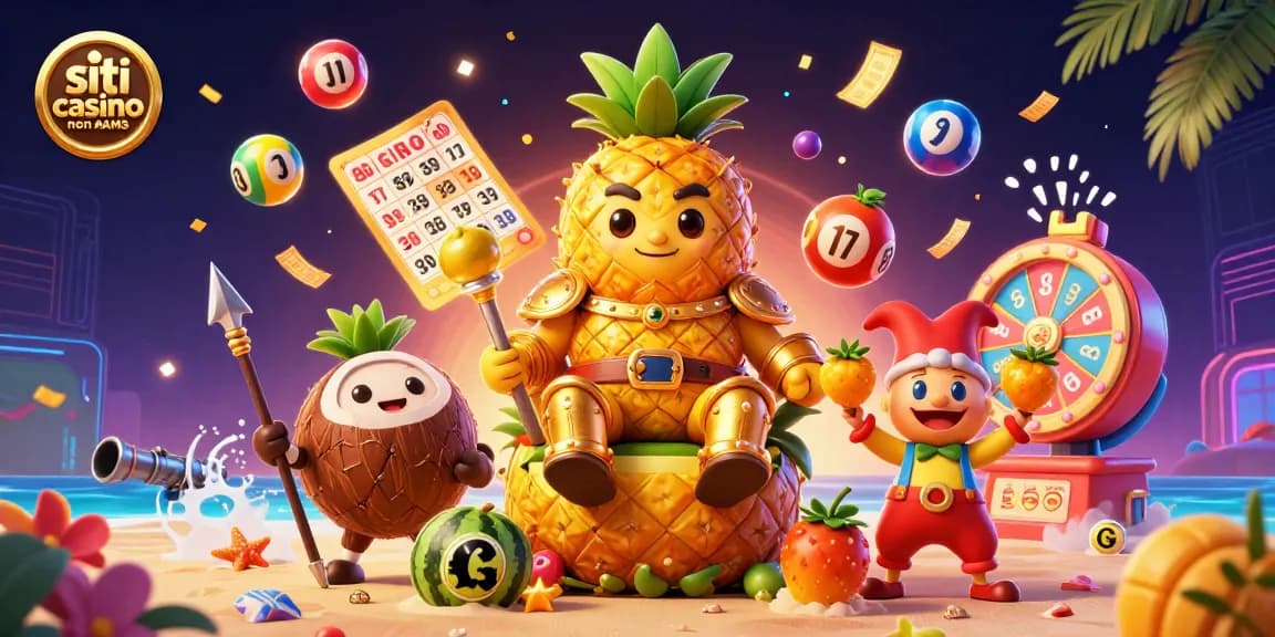Siti casino non AAMS: Giochi d'azzardo animati con re ananas, guardie di cocco e un giullare di mango in un'atmosfera festosa.