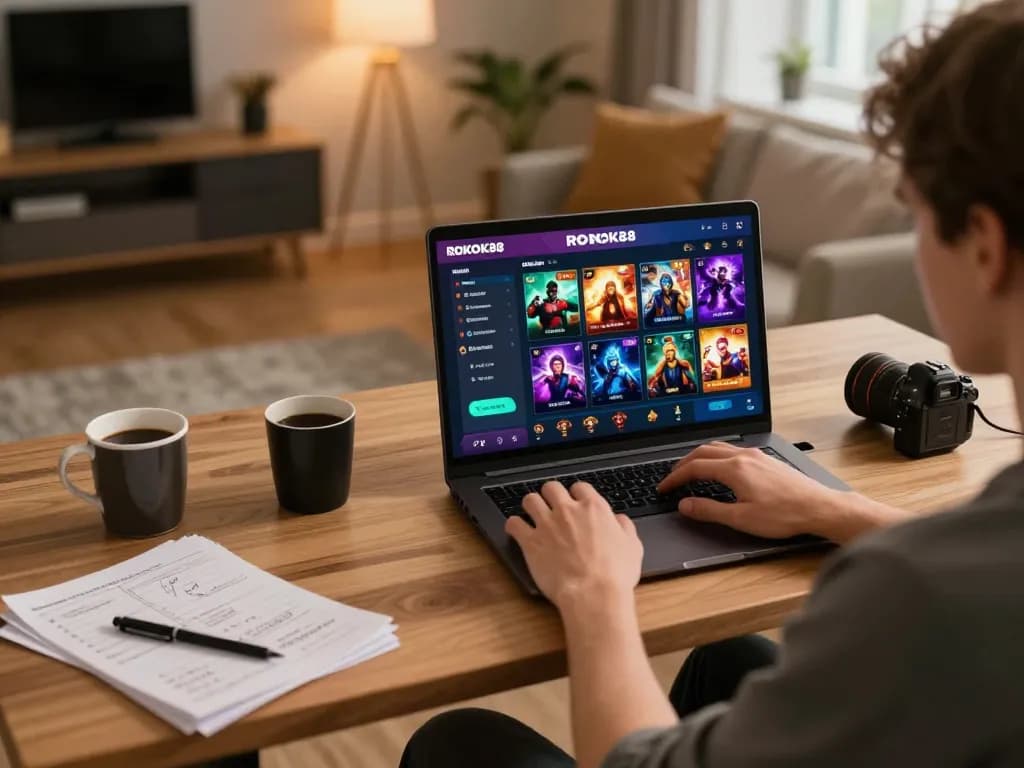 Player engaging with ROKOK88 online gaming platform on laptop in a cozy home setting.