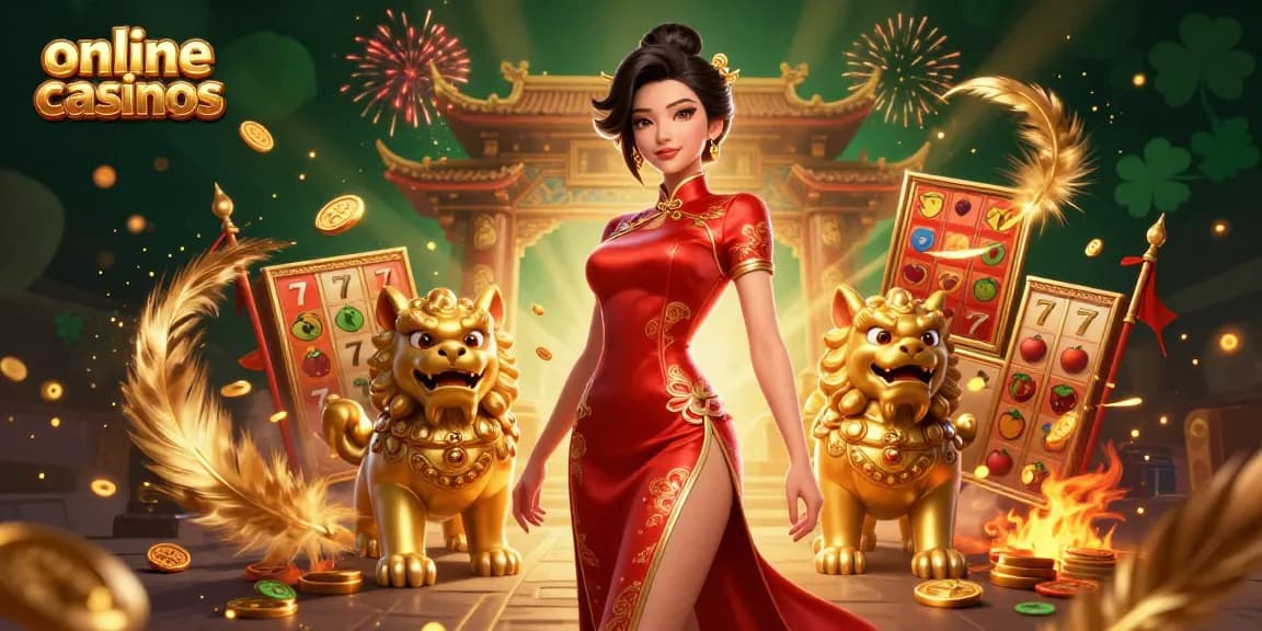 Experience thrilling online casinos with a glamorous Asian character and vibrant casino elements.