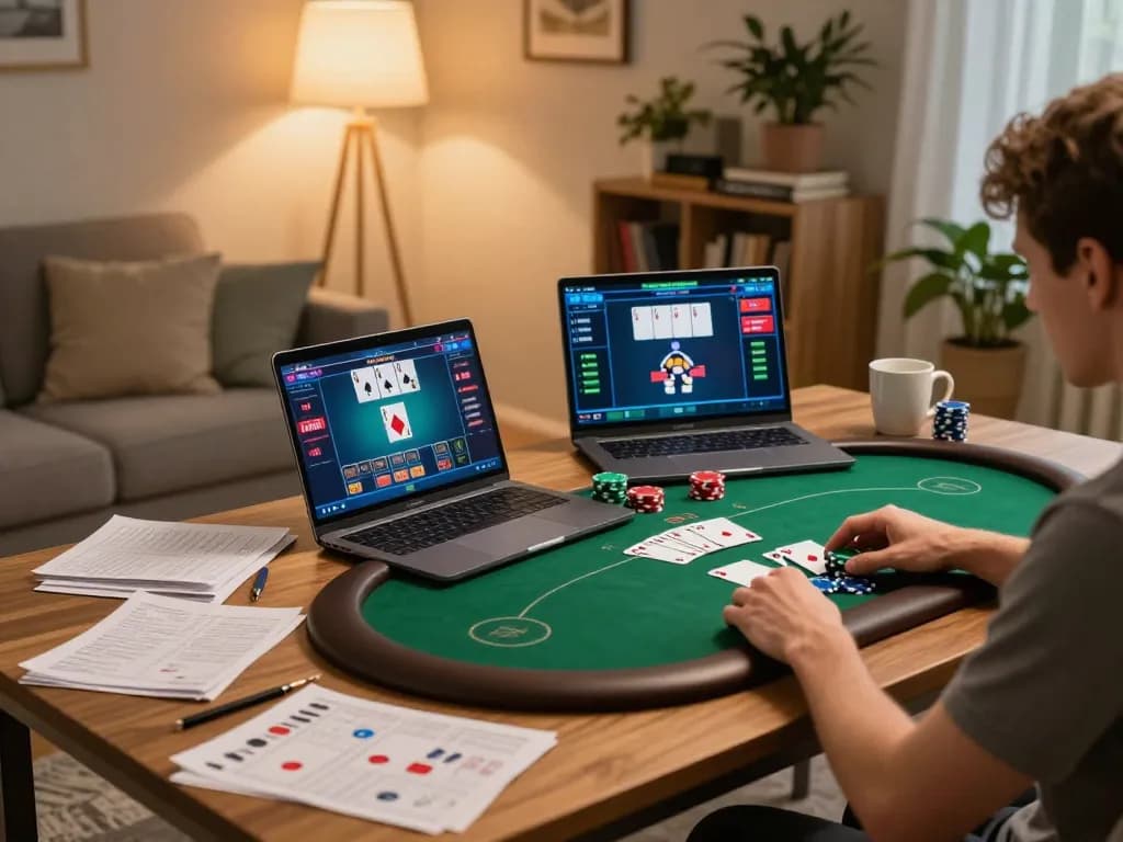 B52 player engaging in strategic poker gameplay from a comfortable home setup.