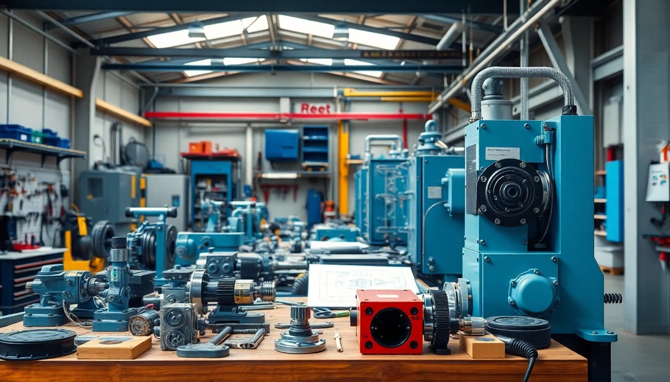 Showcasing industrial hydraulics solutions with advanced machinery in a modern workshop.