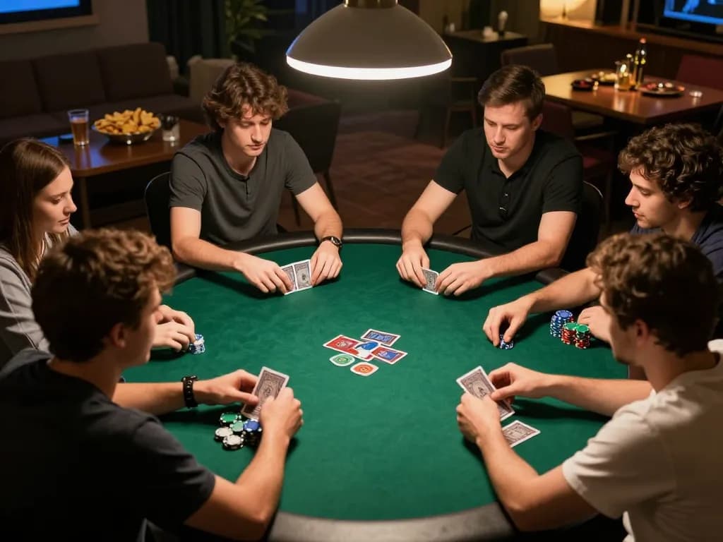 Engaged players at home poker night table strategizing bets with cootersbackyardbarandgrill snacks around.