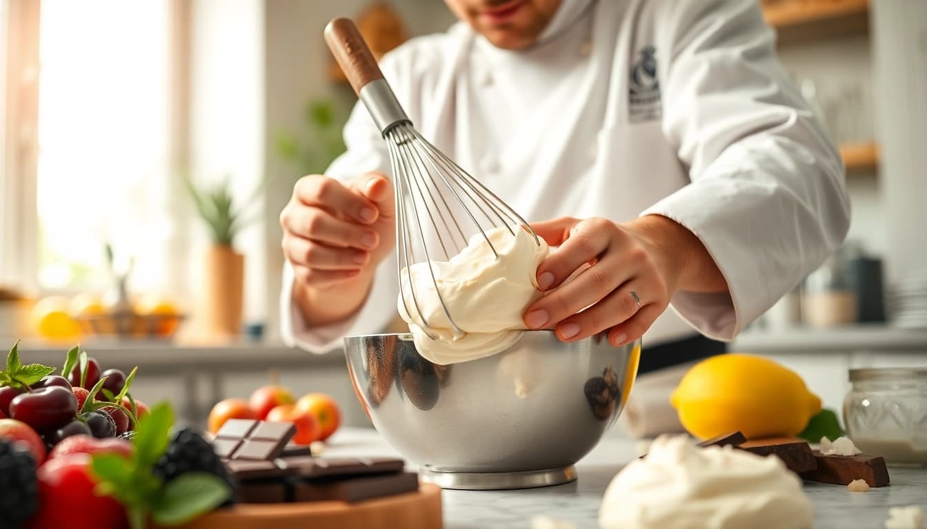 Mousseline cream being prepared by a chef, showcasing rich textures and vibrant ingredients.