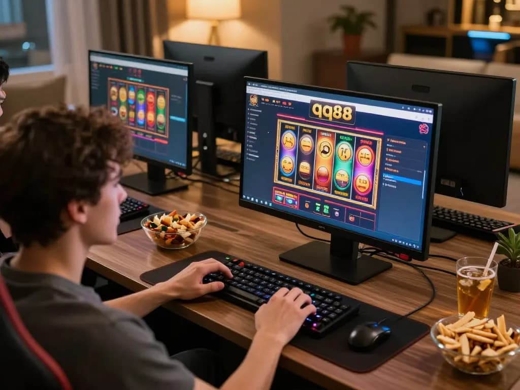 Player engaging with qq88 casino online slot game at home, vibrant visuals and cozy setup.