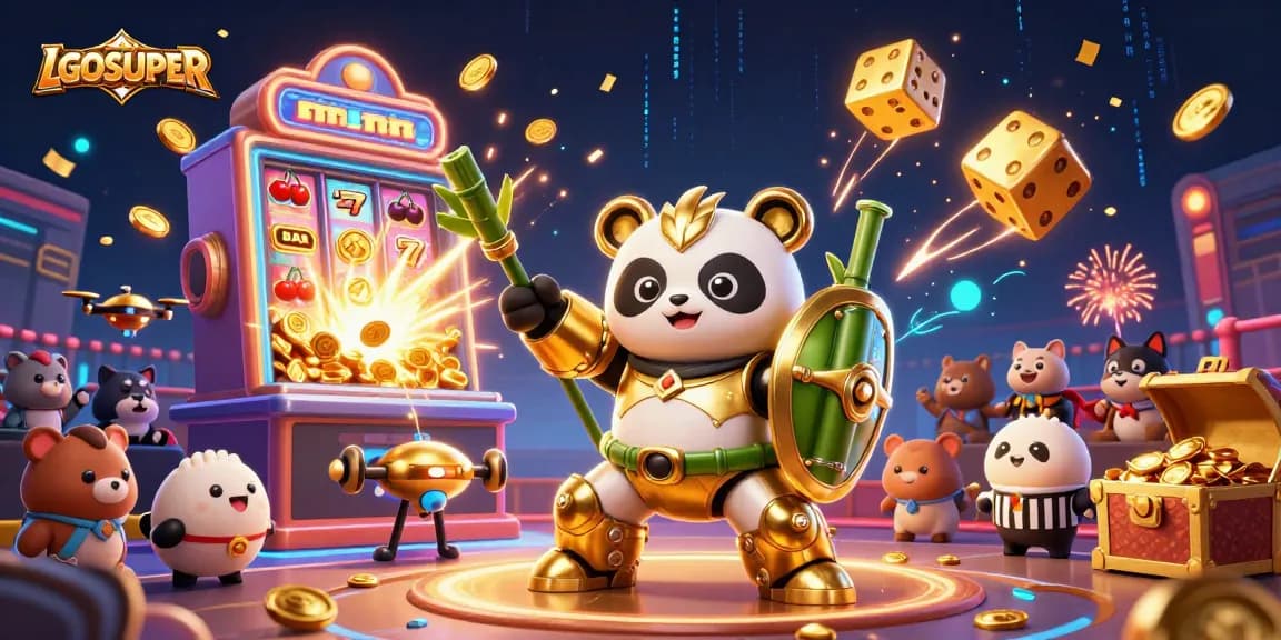 Experience the excitement of LGOSUPER as the golden panda battles in a rich 3D casino arena.