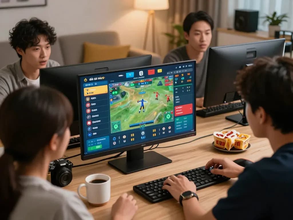 Players engaging in đá gà trực tiếp online, eagerly monitoring betting options and live action.