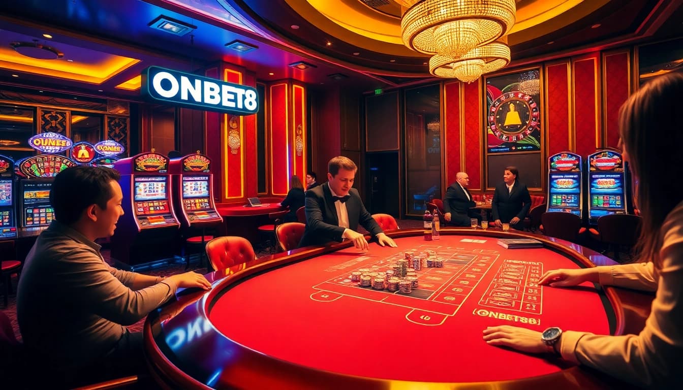Excited players at the ONBET88 casino table engage in poker, showcasing a thrilling gambling atmosphere.