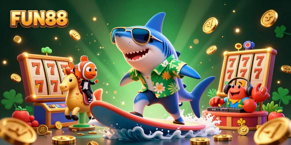 Engage in gaming excitement with FUN88 featuring vibrant 3D characters and dynamic casino elements.