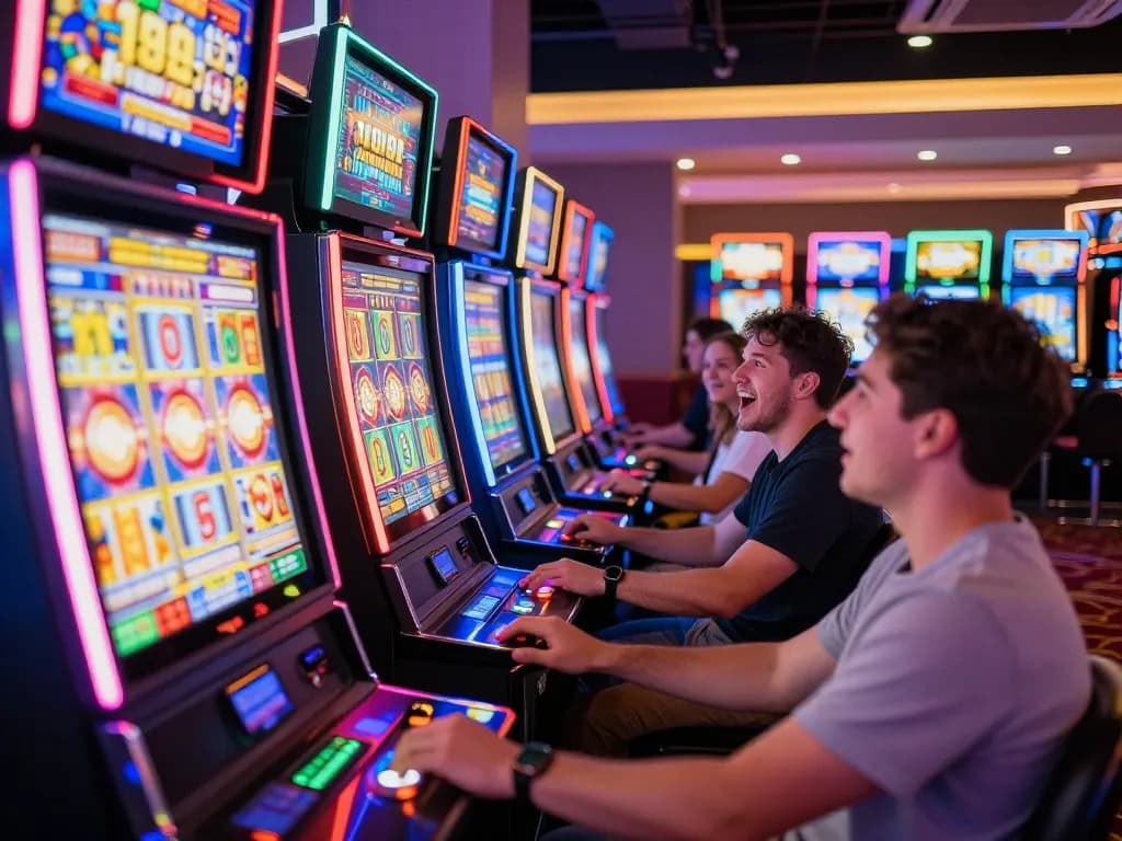 Engaging moment at slot77 machines with player pressing spin button in vibrant casino