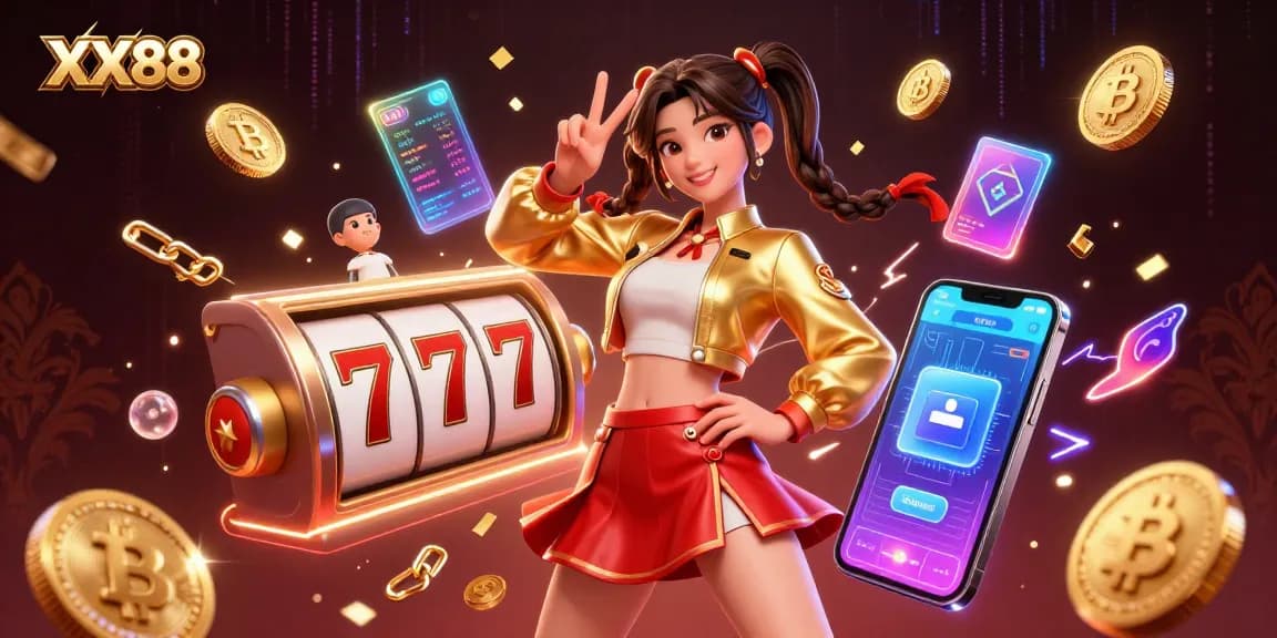 Experience the excitement of XX88 casino with vibrant 3D slot reels and a stunning character.