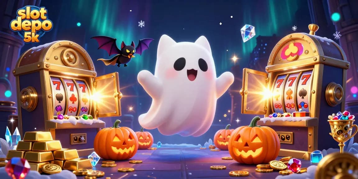Spin the reels with slot depo 5k in a vibrant 3D casino scene featuring a ghost cat and treasures.