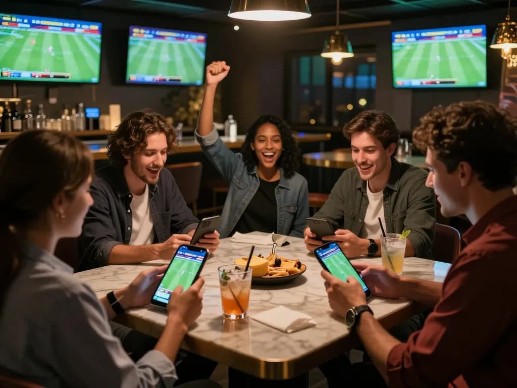 Active sports betting moment at keonhacaii88, friends celebrating bets with phones in hand, vibrant bar atmosphere.