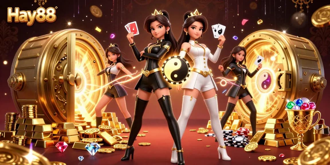 Experience thrilling gaming action at Hay88 with stunning visuals of twin Asian women holding playing cards.