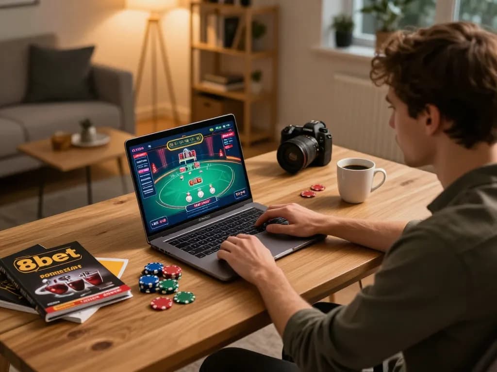 A player enjoying an exciting live casino game on their laptop, showcasing 8kbet in a cozy home office setup.