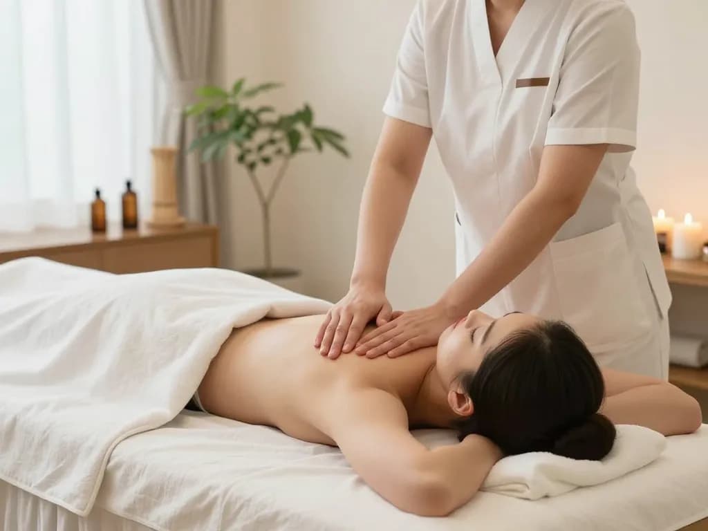 치료사와 고객이 있는 편안한 스파 환경에서 신사동마사지를 보여주는 평화로운 이미지