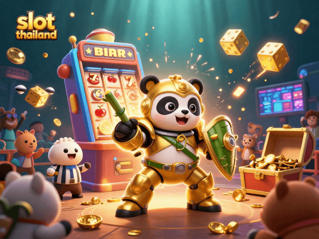 Engaging 3D illustration of slot thailand featuring a golden panda in a mech-suit amidst casino elements.