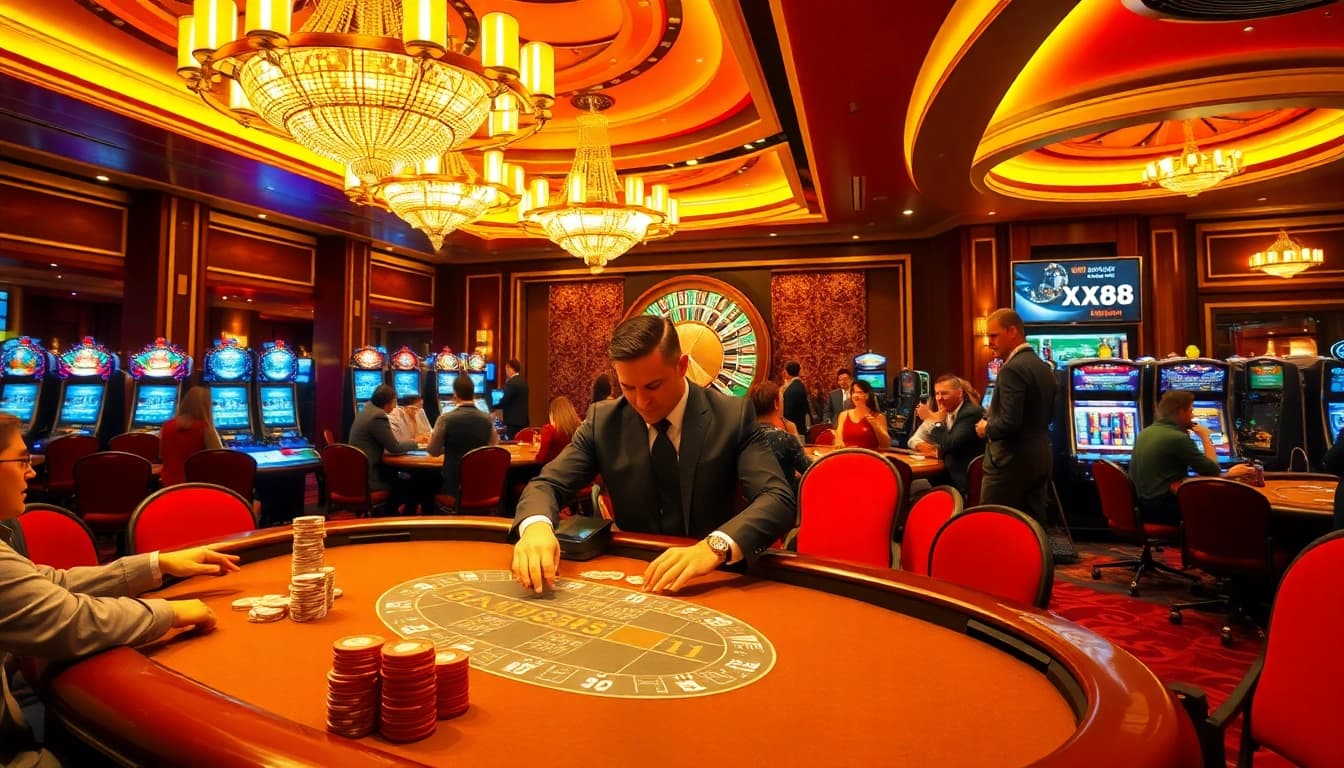 Exciting casino atmosphere with dealers and players engaging in xx88 poker games.
