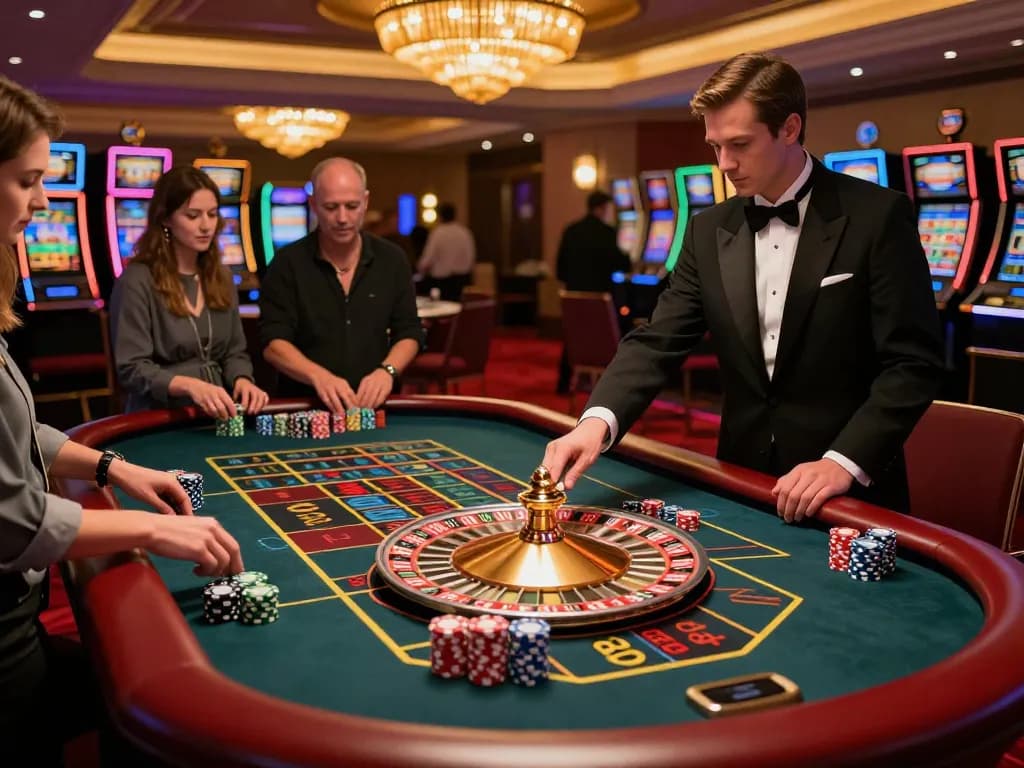 Players placing bets at a roulette table in a vibrant casino, experiencing thrilling gameplay with 789.