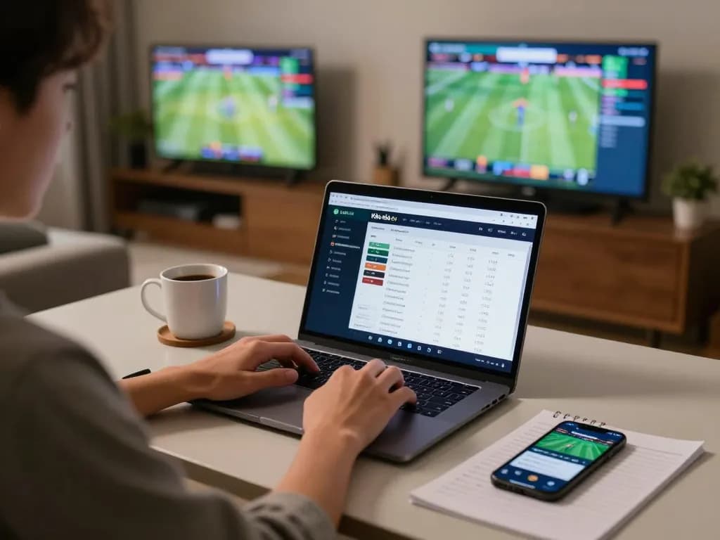 Kèo nhà cái providing updated betting odds on a user's laptop in a modern home office.