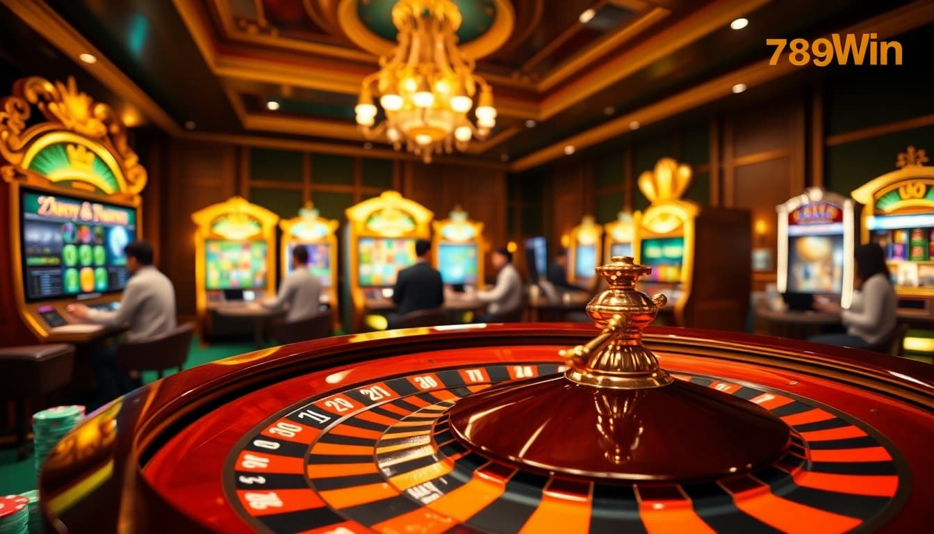 Engaging scene of online gambling action at trang chủ 789Win with roulette and poker chips.