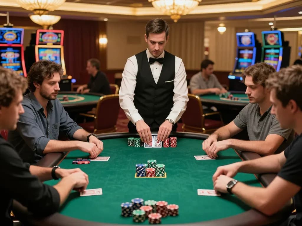 VA88 poker players strategically betting at a glamorous casino table with vibrant chips and warm lighting.