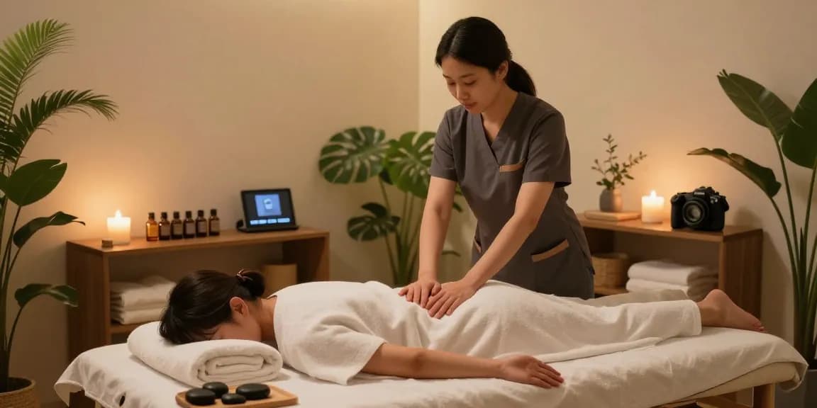 Relaxing 강남출장안마 in serene wellness studio with tranquil ambiance.