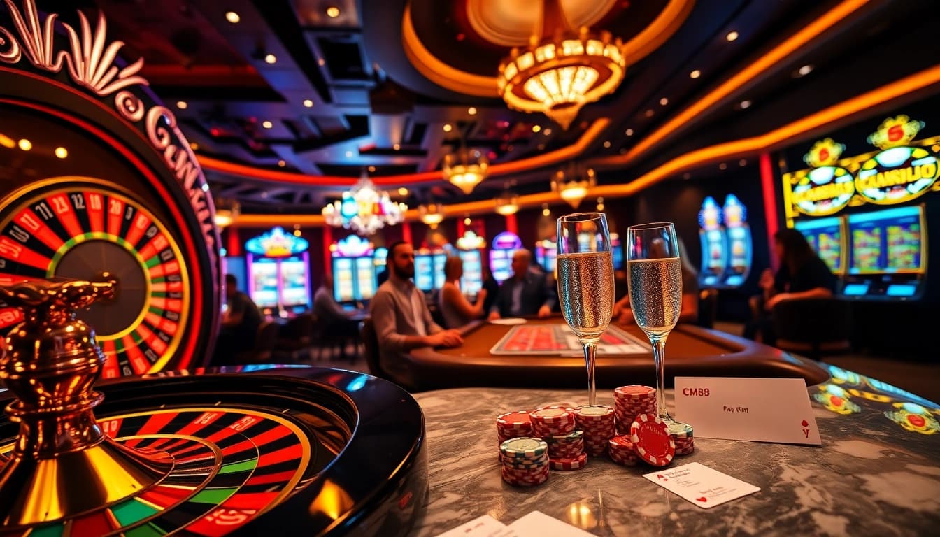 Betting excitement at a casino with CM88-themed poker chips and vibrant slot machines in action.