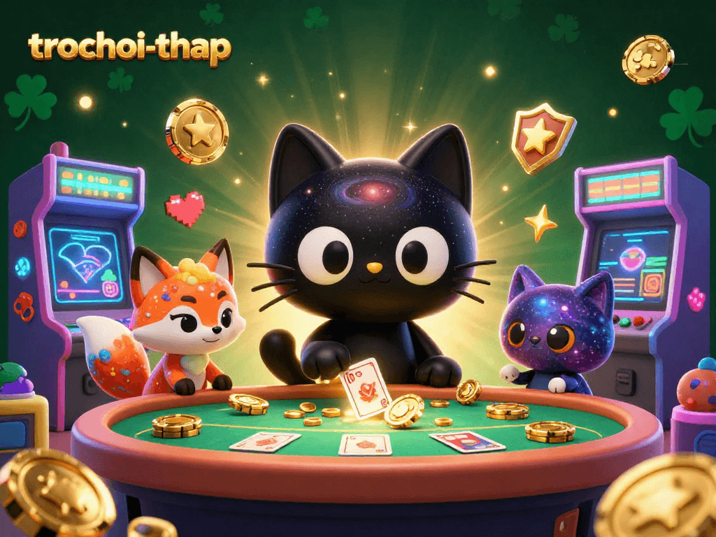 Experience excitement with trochoi-thap as the cosmic cat pulls in golden chips at a vibrant casino.