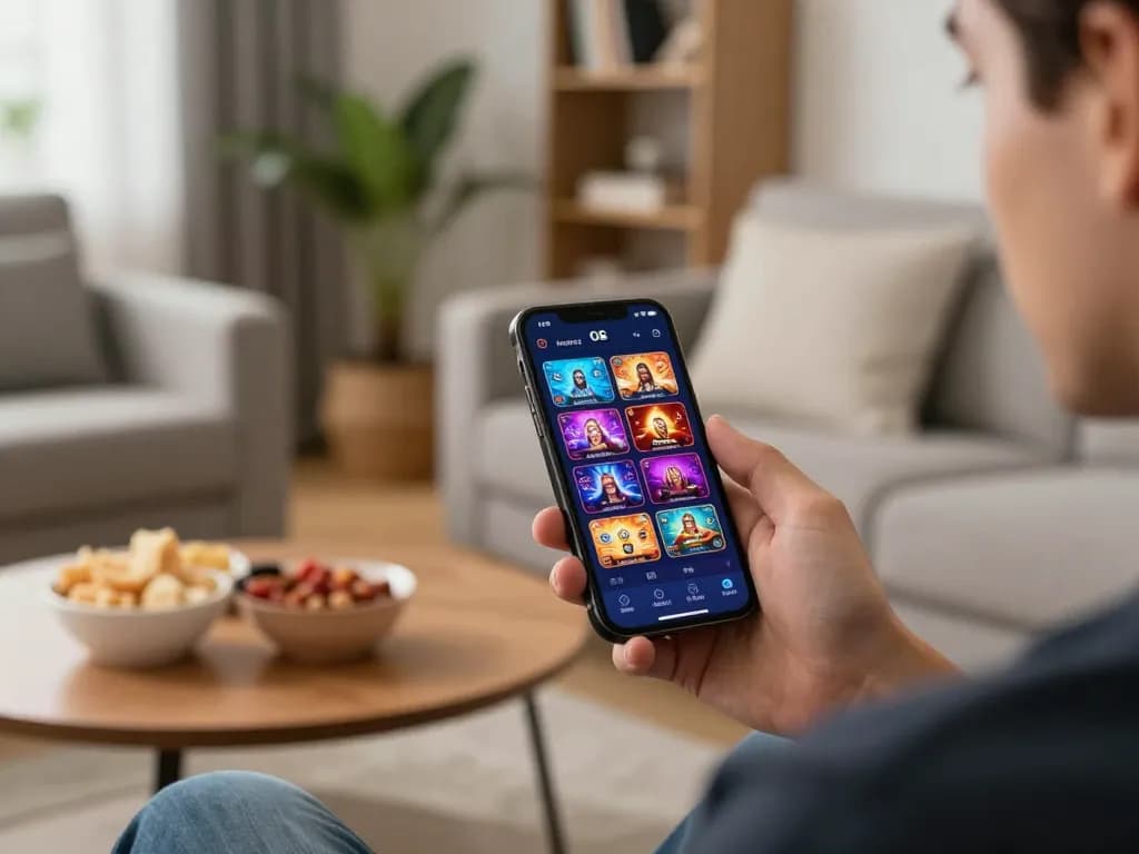 Player using the O8 casino app on smartphone in a cozy home setting enjoying online gaming.