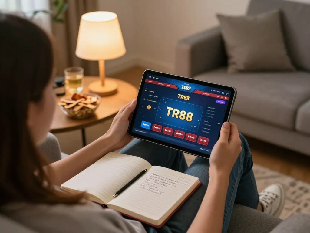 Engaging in online gambling at TR88 with a cozy home setup, emphasizing responsible gaming practices