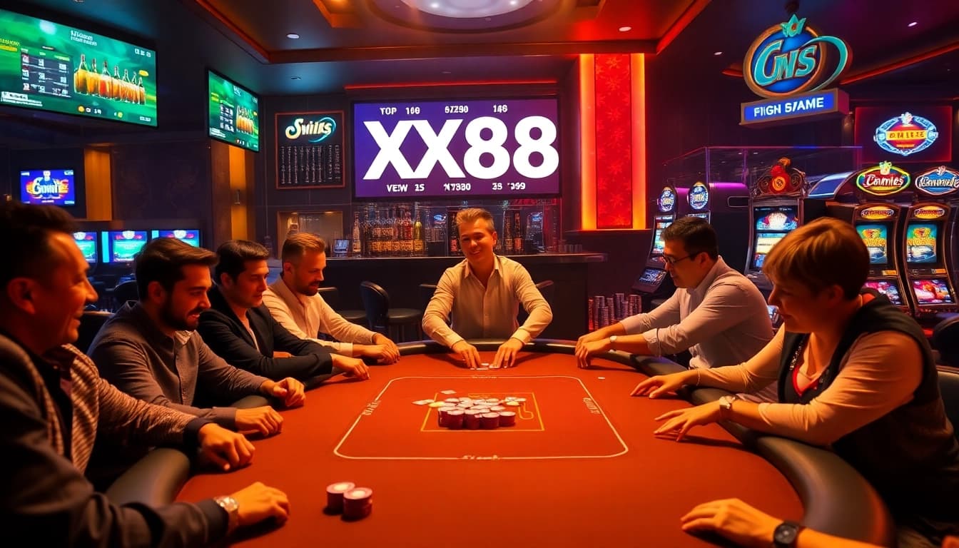 Exciting casino action at XX88 with players and vibrant poker chips.