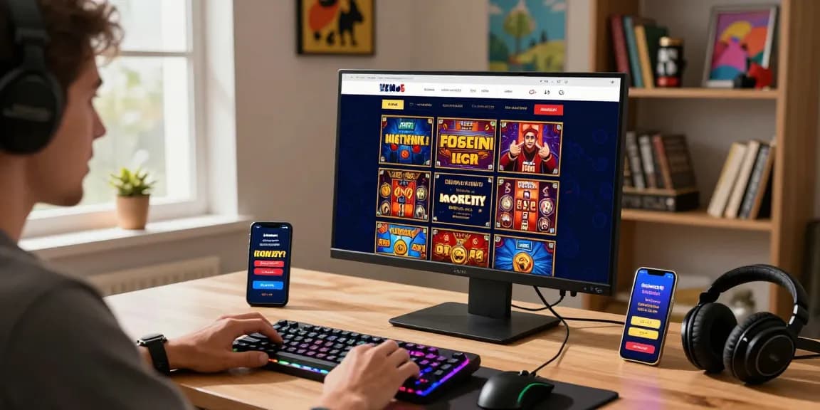 Player enjoying online gambling experience at the best credit card casinos with vibrant slots and gaming accessories.