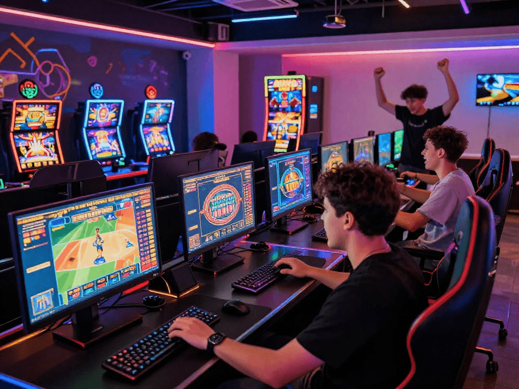Excited gamers enjoying link raja328's online slot and casino games in a vibrant digital atmosphere.