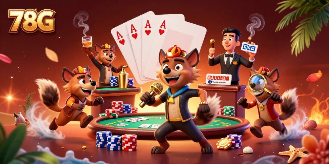 Atraia sua sorte em 78G com uma divertida ilustração de cassino, mostrando hienas em ação.