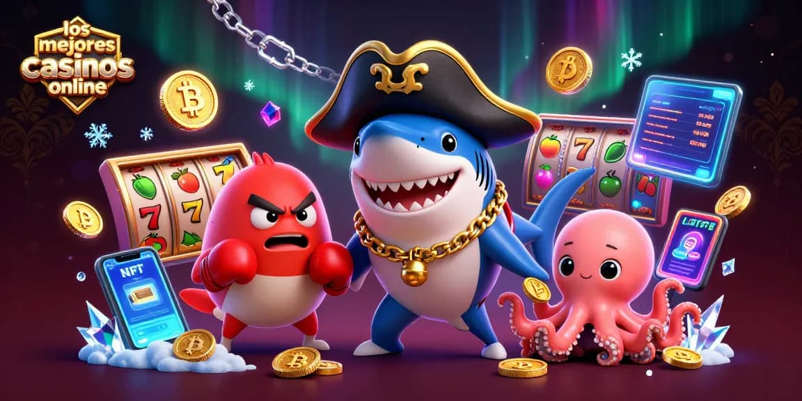 Los mejores casinos online presentan una emocionante escena de juego con un tiburón pirata, un pez globo y un pulpo acogiendo monedas de oro.