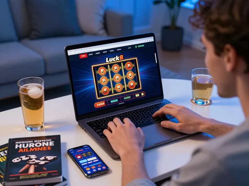 Engaging player enjoying luck8 slot game on a laptop in a cozy home setting