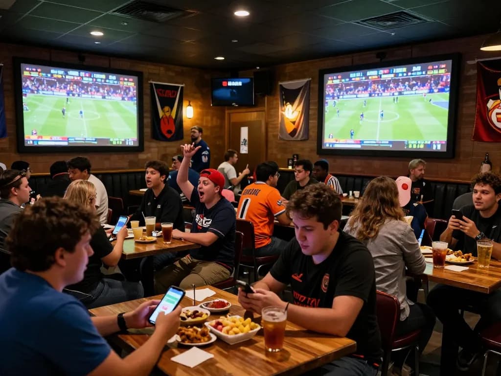 Fans engaged in sports betting excitement at a bustling sports bar during a live event with a focus on debet activities.