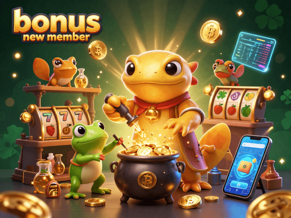 Join the action with the bonus new member promotion, featuring colorful slot reels and gold coins!