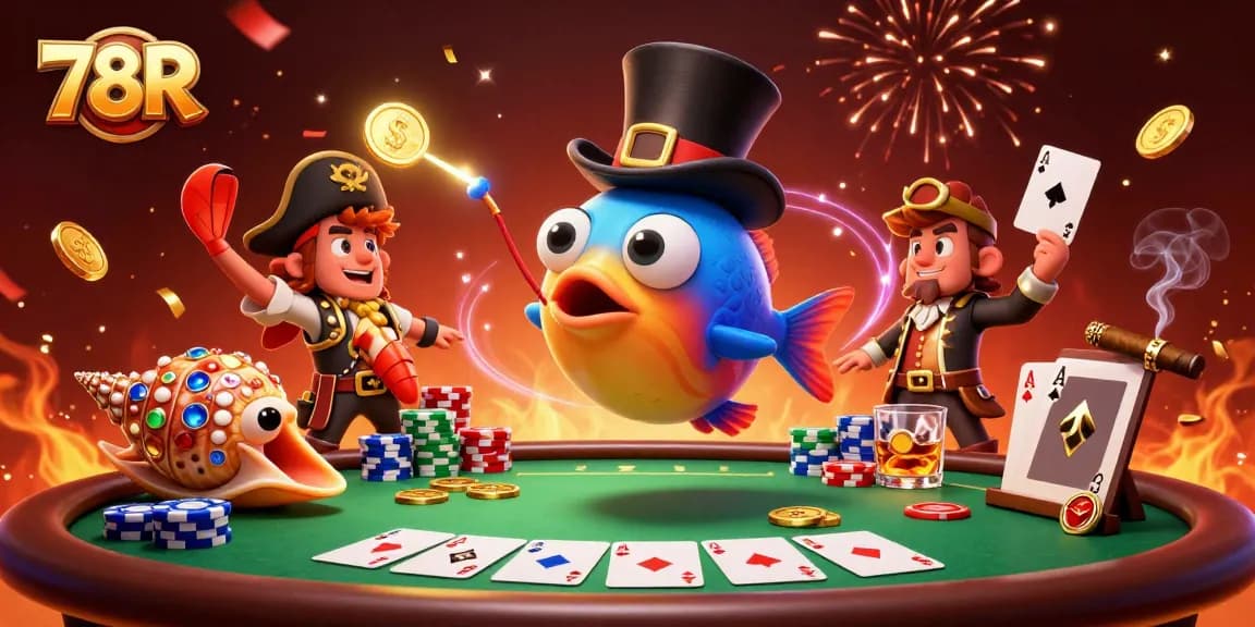 Ganhe prêmios emocionantes com 78R em uma cena de cassino cheia de ação e personagens divertidos.