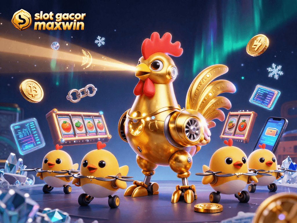 Win big with slot gacor maxwin, featuring a dynamic casino scene with futuristic elements.