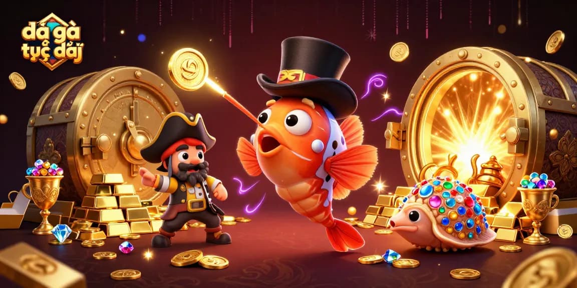 Engage in đá gà trực tiếp action with dynamic visuals of cartoon fish and pirate shrimp among treasures.