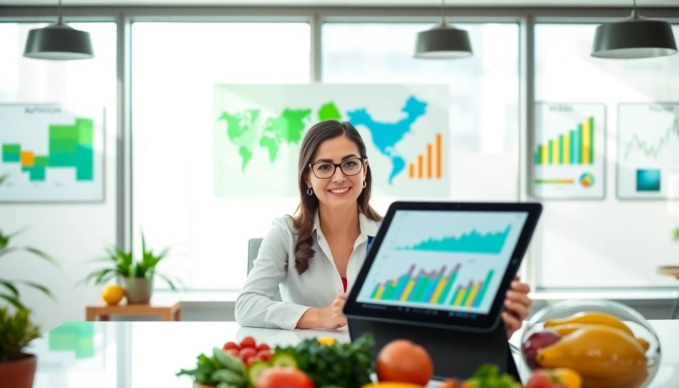 Understanding weight loss plateau with a nutritionist in a bright office analyzing charts and healthy foods.