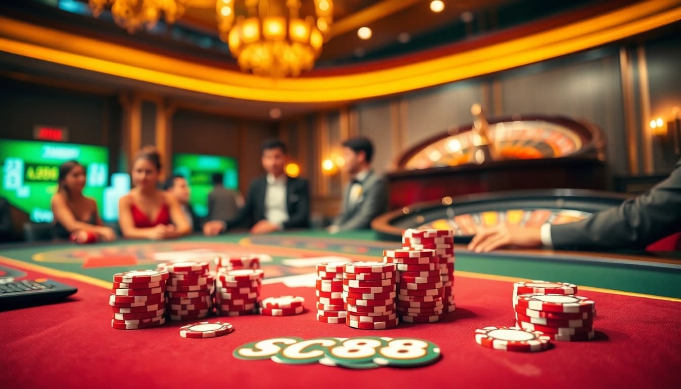 Players enjoying high-stakes poker at SC88 casino, showcasing excitement and luxury.