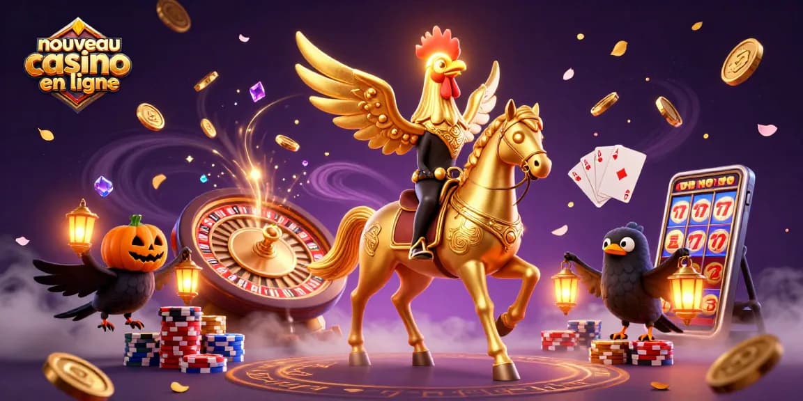Découvrez un nouveau casino en ligne avec un coq doré au casino, entouré de joyaux et de lumières scintillantes.