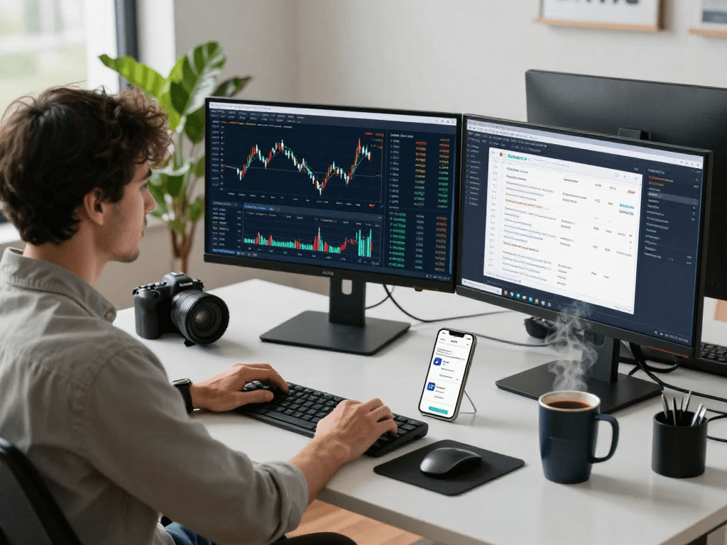 Dynamic workspace showcasing real-time market quote API development with multiple monitors and financial data analysis.